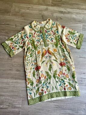NWT Ranna Gill Shift Dress Botanical Print/Off Collard W/Side Pockets SZ S
